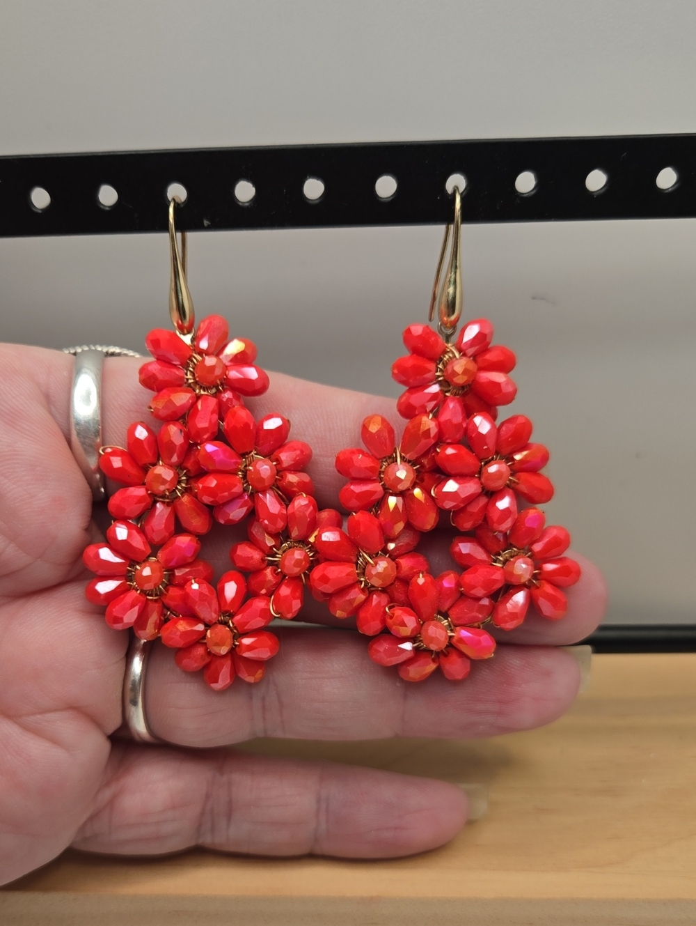 Orandy Red Floral Beaded Drop Earrings - Costume Jewelry